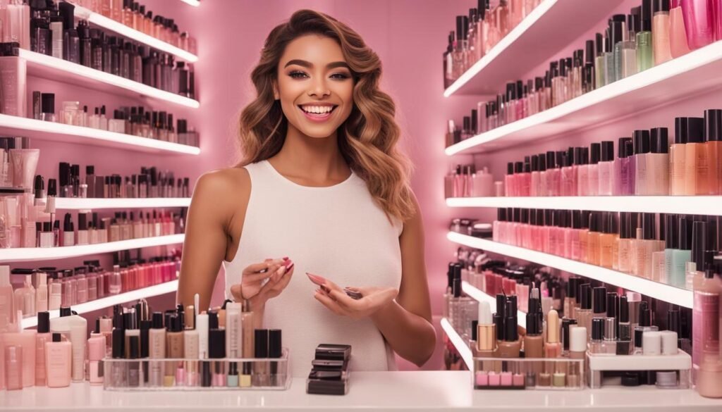 beauty influencer holding makeup products